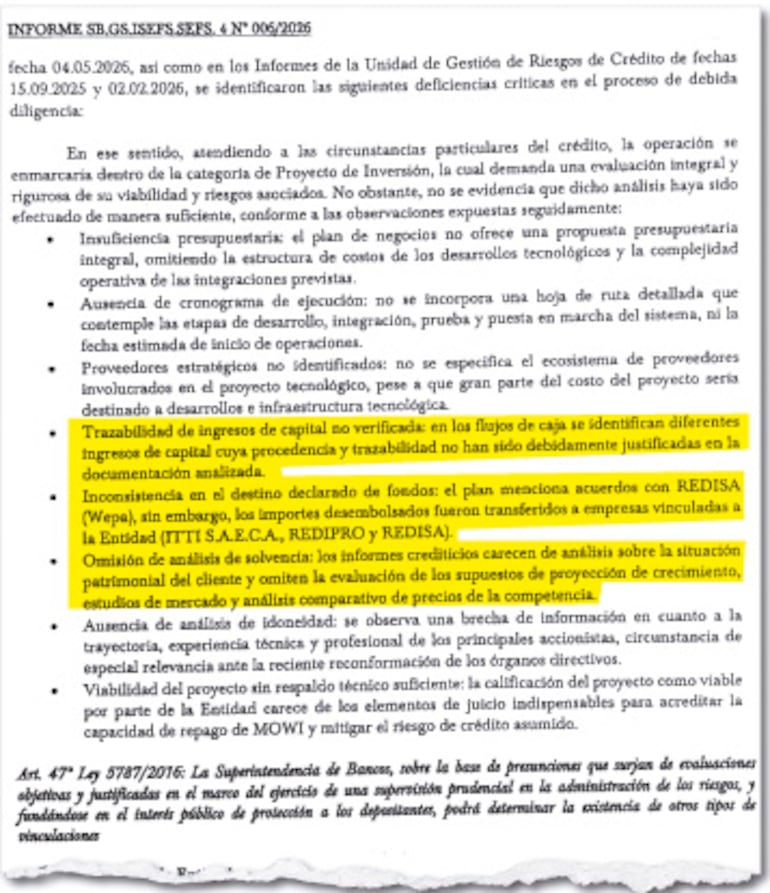 Deficiencias críticas identificadas por el equipo de supervisión de entidades financieras del BCP.