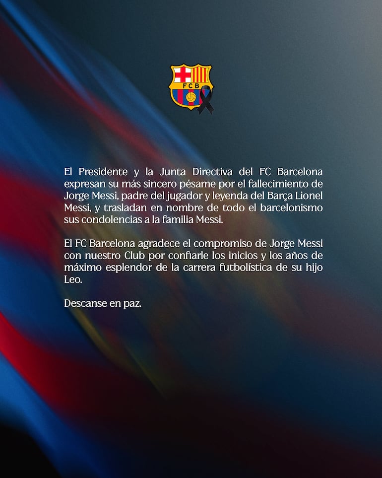 El posteo del Barcelona por el fallecimiento de Jorge Messi, padre de Lionel Messi.