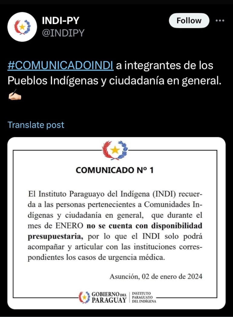 Comunicado del Indi sobre falta de recursos.