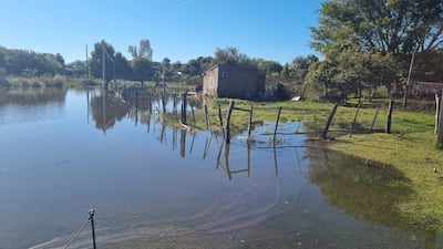 Paisaje rural inundado, con una construcción de ladrillo y cercas de madera parcialmente sumergidas.
