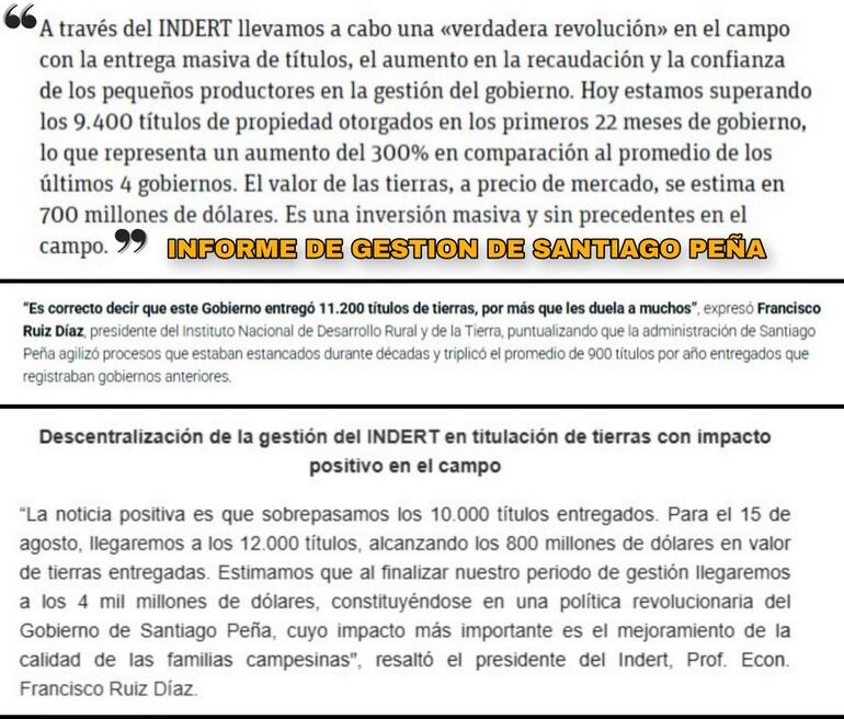 Informe de gestión de Peña y declaraciones del presidente del Indert, Francisco Ruiz Díaz.