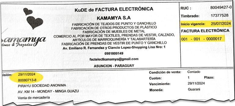 Una de las facturas presentadas por Kamamya SA para justificar su experiencia.