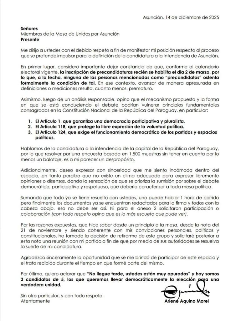 Comunicado de Arlene Aquino.
