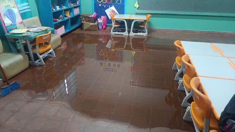 Aula inundada con suelo cubierto de agua. Mobiliario escolar y materiales educativos visibles, sin personas presentes.