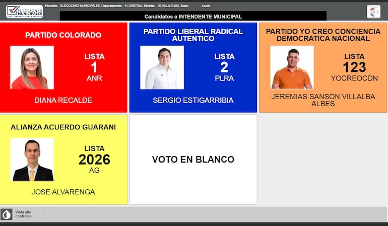 Pantalla de votación para intendente de VIlla Elisa.