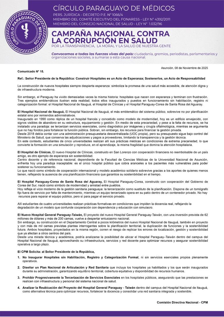 Médicos a Santi Peña: denuncian deficiencia en formación médica, precariedad y subcontrataciones en hospitales públicos