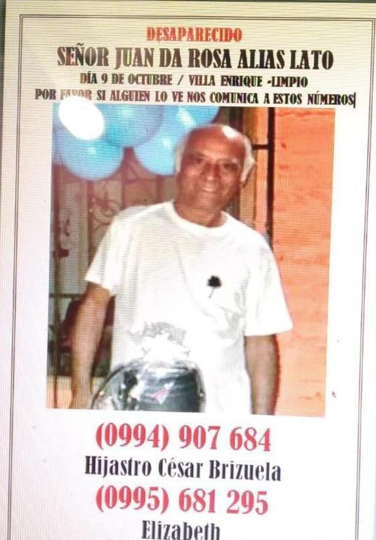 Desaparecido de su vivienda en Limpio. (gentileza).