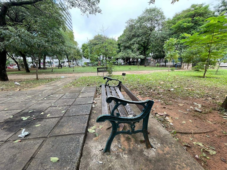 Banco de metal y madera en un parque desierto, con árboles y un cielo nublado que sugiere un clima fresco.