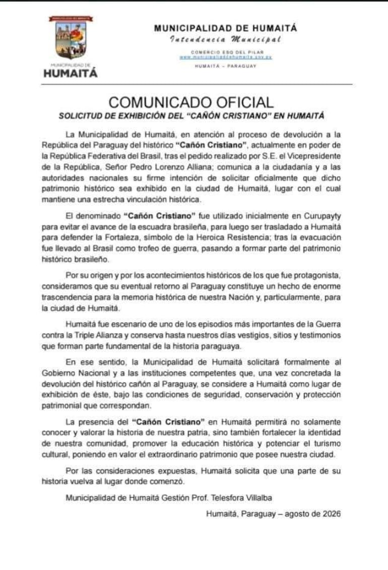 Documento oficial de la Municipalidad de Humaitá, resaltando la solicitud de exhibición del 'Cañón Cristiano' con encabezado institucional.