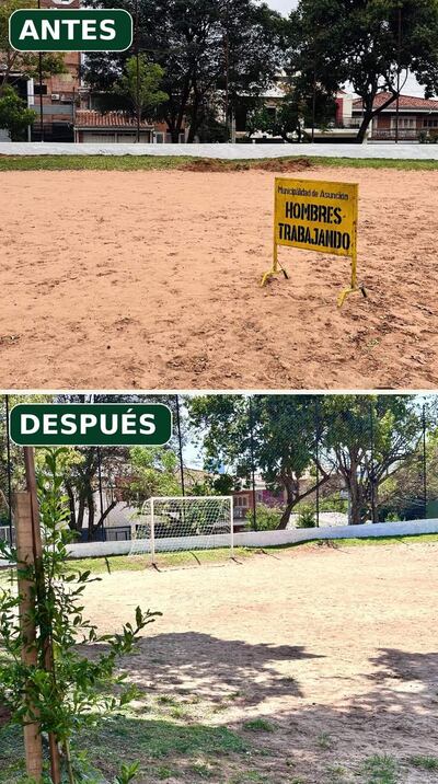 Plaza Acosta Ñu con área de juego transformada, mostrando portería blanca y vegetación organizada en un entorno urbano.