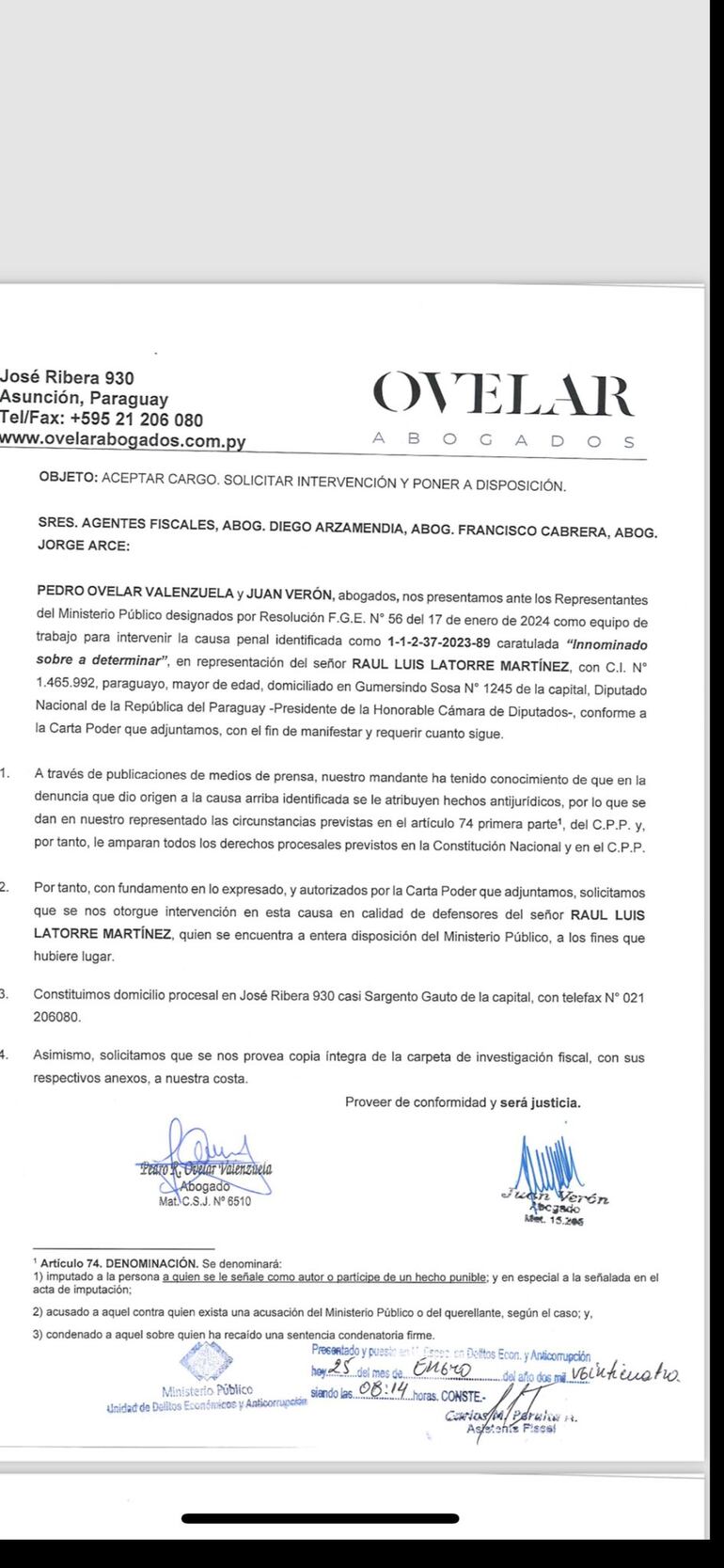 Nota presentada por Pedro Ovelar en Fiscalía para representar a investigados en caso Nepobabies.