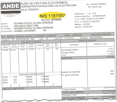 El NIS se encuentra en la parte superior de todas las facturas de la ANDE.