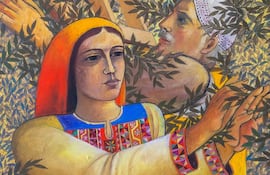 Sliman Mansour: Cosecha de olivas, 1988 (detalle).
