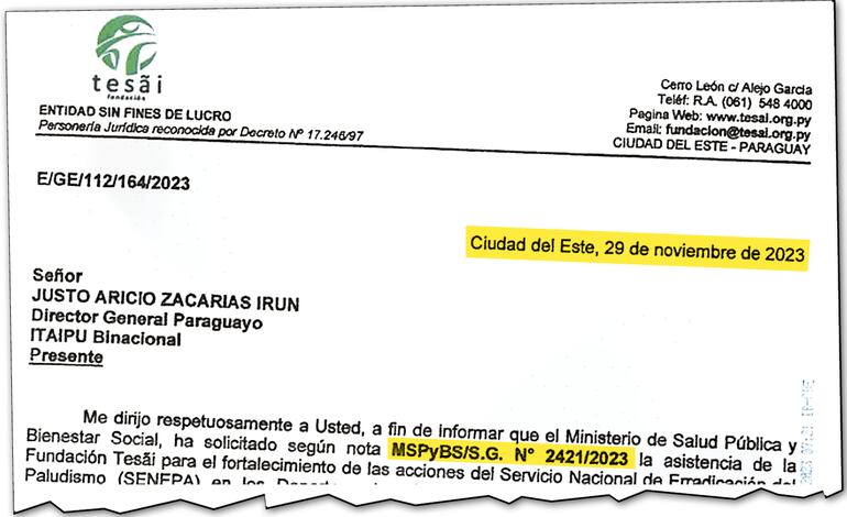 La nota remitida por la Fundación Tesãi a la binacional  tiene fecha 29 de noviembre de 2023.