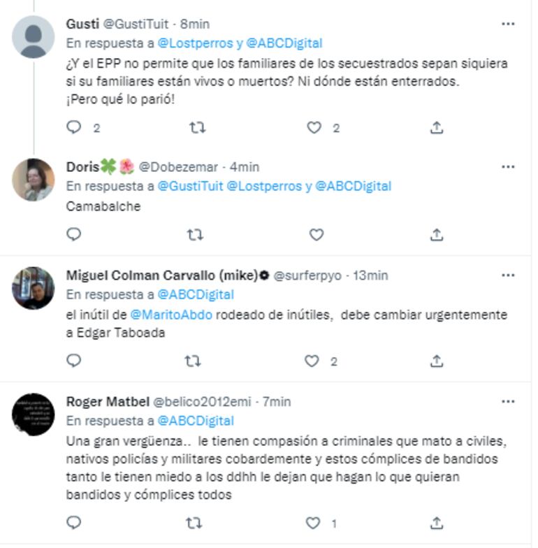 Parte de las reacciones de los internautas tras el acceso del cuerpo de Osvaldo Villalba a la cárcel de mujeres El Buen Pastor. (captura de Twitter de ABC Digital).