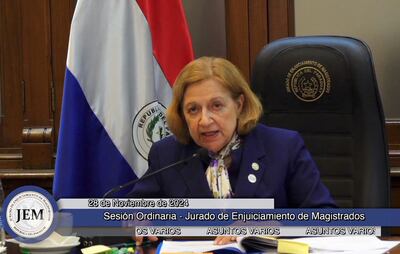 La presidenta del Jurado de Enjuiciamiento de Magistrados (JEM), Alicia Pucheta, en la sesión de este jueves.