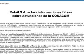 Retail S.A. aclara informaciones falsas sobre actuaciones de la CONACOМ.