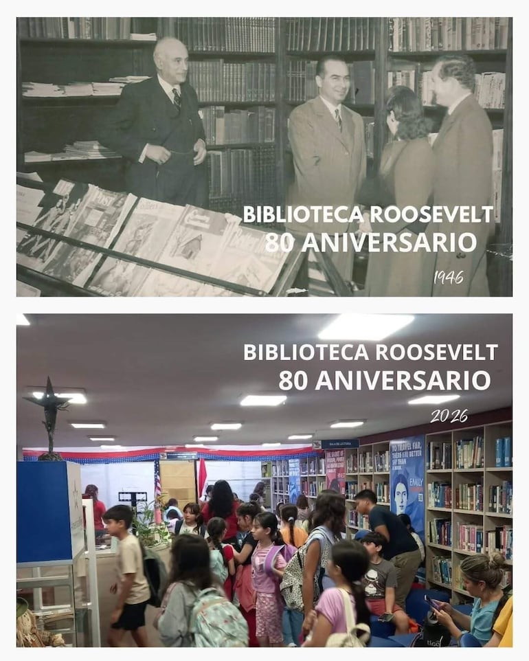Grupo diverso de niños y adultos en celebración en la Biblioteca Roosevelt, rodeados de libros y decoraciones festivas.