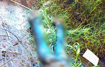 Cuerpo de una persona en el suelo, rodeado de tierra y vegetación, con un panfleto visible cerca.