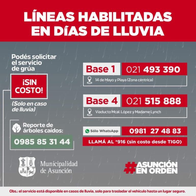 la Municipalidad de Asunción recordó a la ciudadanía que está disponible un servicio gratuito de grúas