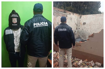 Investigador de la Policía en chaqueta, frente a persona encapuchada con sudadera, en un entorno de escombros y paredes deterioradas.
