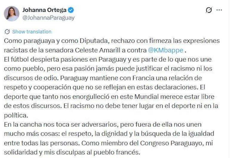 La diputada Johanna Ortega reacciona en redes sociales contra expresiones racistas durante un debate sobre fútbol, tras las expresiones de la senadora Celeste Amarilla contra Mbappé.