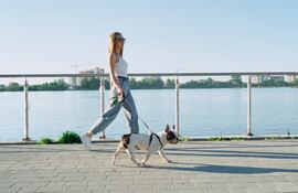 Mujer camina a paso lento con su perro.