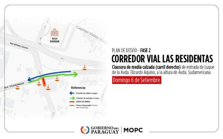 Mapa de desvío vial que indica la clausura de media calzada en Avda. Elizardo Aquino, sin personas visibles.