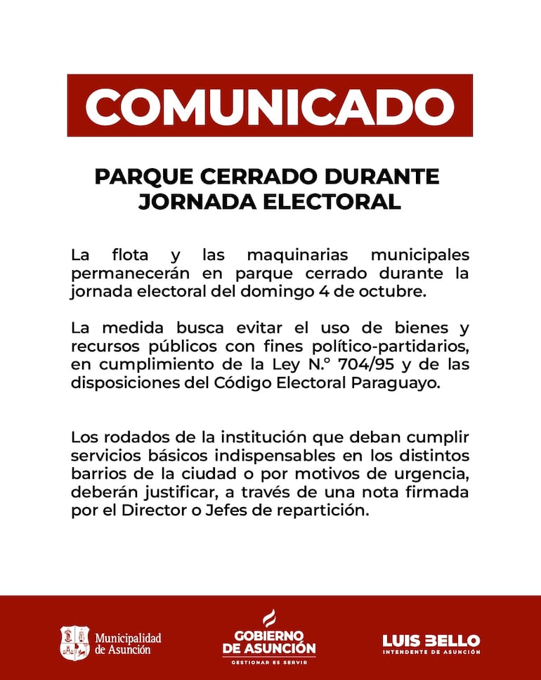 Comunicado de la Municipalidad de Asunción sobre los vehículos y maquinarias municipales.