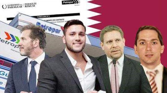 Alejandro Domínguez (p); Alejandro Domínguez Pérez, representante de Doha Holding; Eddie Jara, expresidente de Petropar; y Julio Jiménez, asesor jurídico de la firma catarí (i a d).