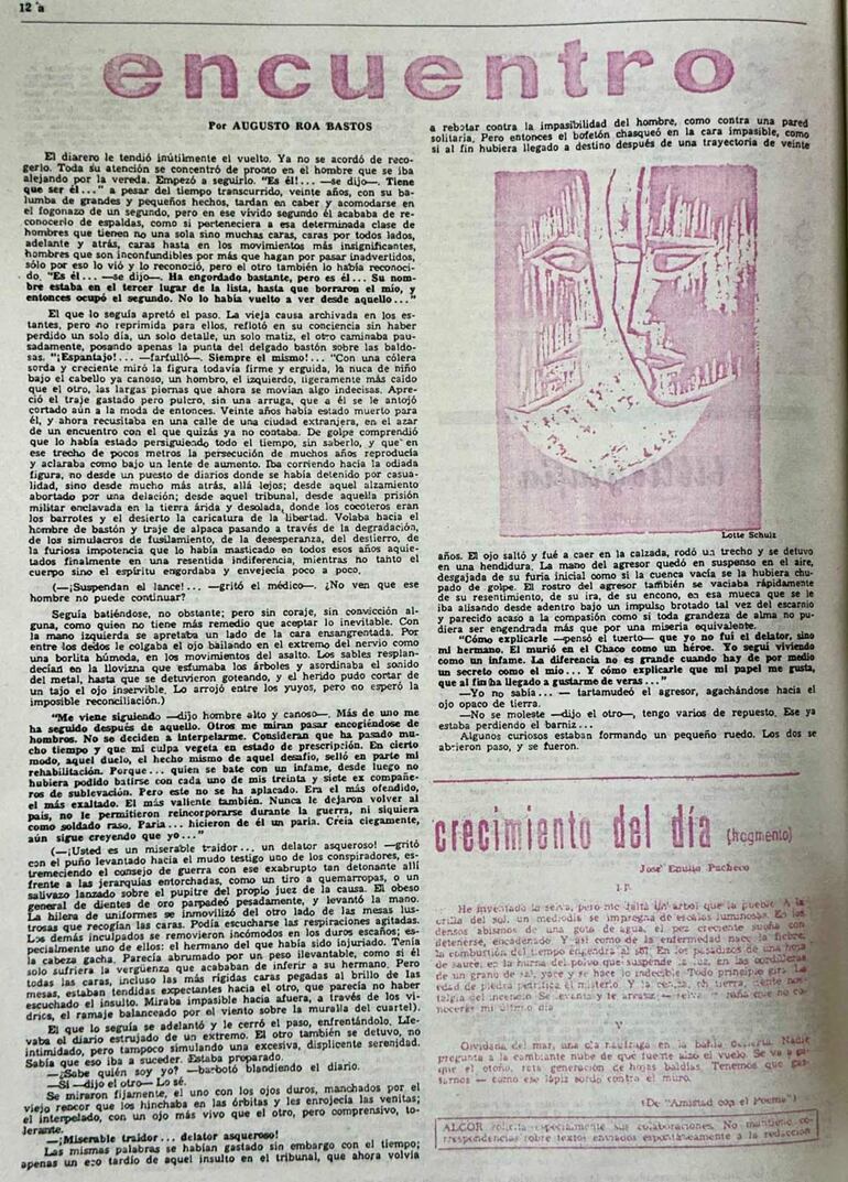 Página de periódico con texto en español sobre un encuentro, incluye ilustración abstracta de rostros.