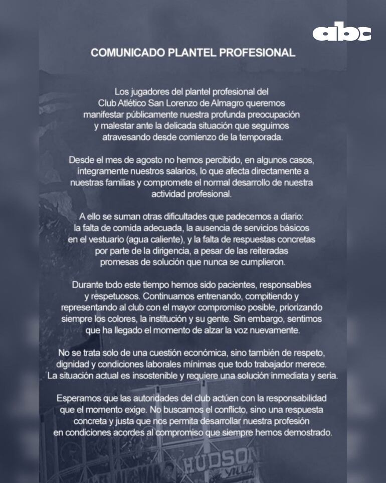 Comunicado del plantel de San Lorenzo de Almagro.