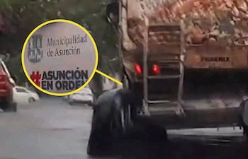 Camión de recolección de basuras fue captado circulando con una cubierta en pésimo estado en un acoplado. Gentileza, Ñandutí.