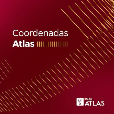 Fondo rojo con líneas amarillas y texto 'Coordenadas' destacado, acompañado del logo del Banco Atlas en la esquina inferior derecha.