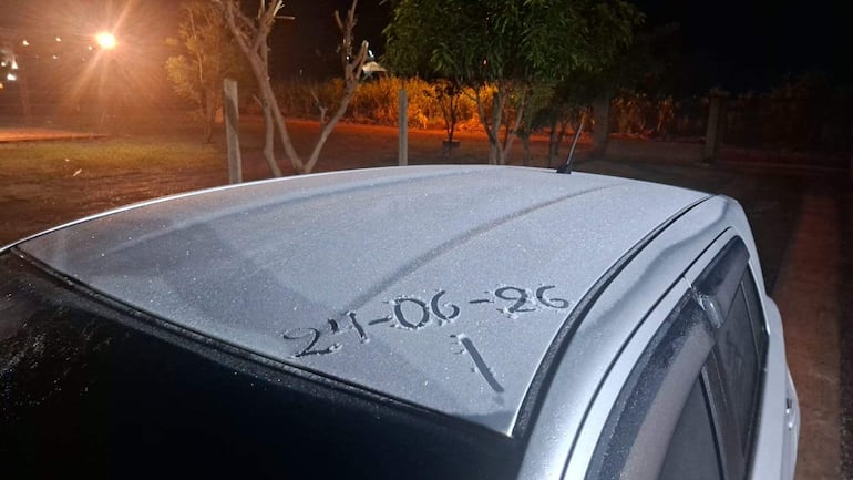 Techo de automóvil blanco con marcas de helada, fondo rural con vegetación y cerca de madera.
