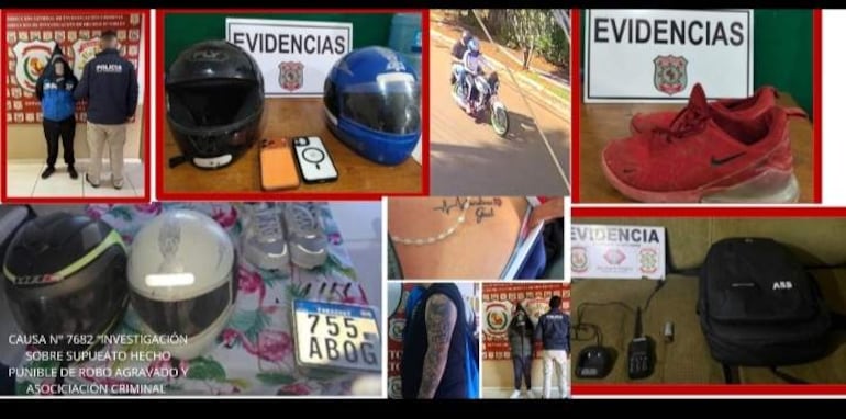 Dos personas junto a un cartel de 'EVIDENCIAS', mostrando objetos de investigación en un ambiente interior.