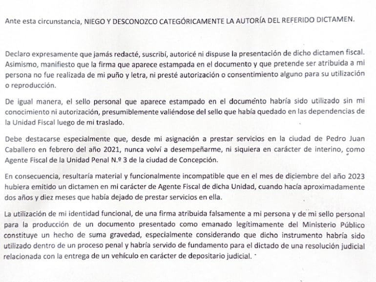 Parte de la denuncia presentada por el fiscal Celso René Morales Fernández, por la presunta falsificación de su firma y sello, que ahora motivó su traslado.