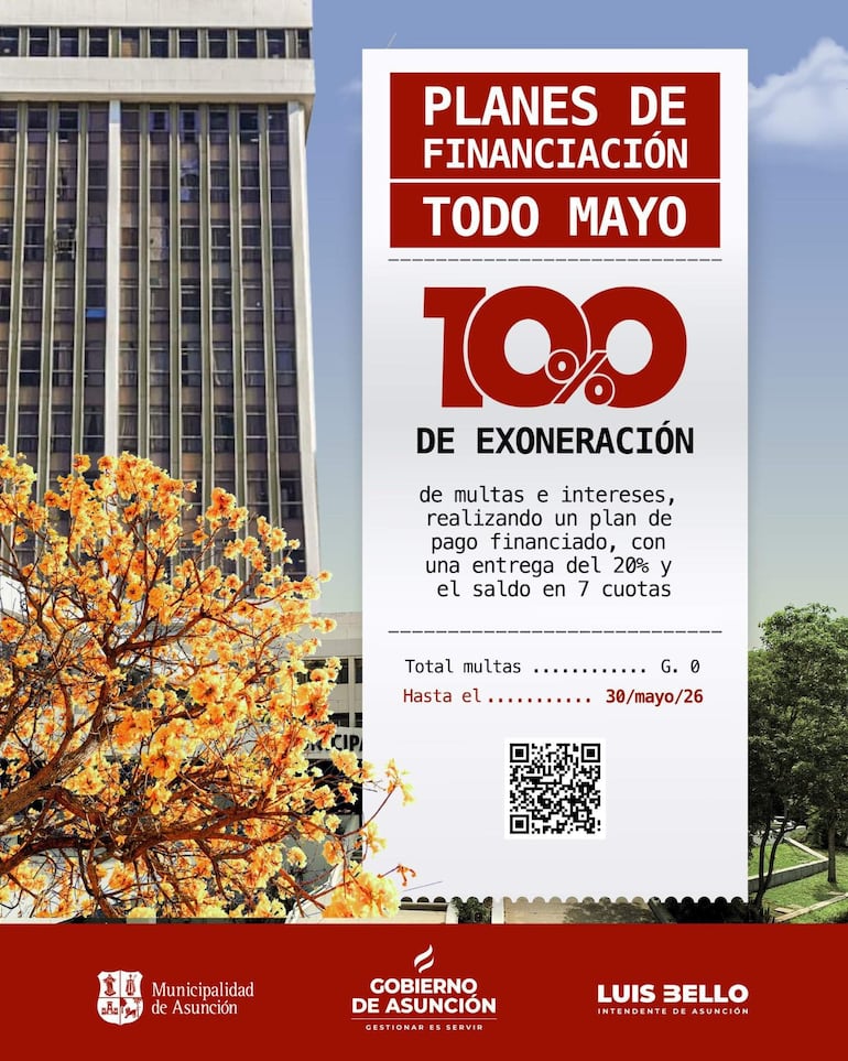 Cartel publicitario en un entorno urbano, destacando exoneración de multas y plan de pago de la Municipalidad de Asunción.