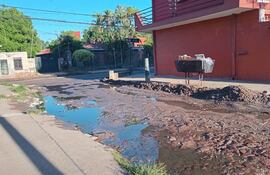 Triste imagen de la calleTeniente José Félix López, inundada por cloaca y baches.