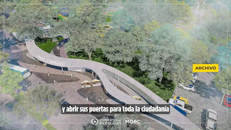 Render del Parque Caballero con vegetación y vehículos, mostrando un diseño arquitectónico del espacio público sin personas presentes.