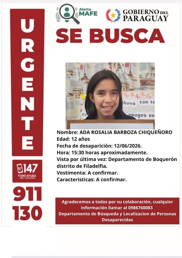 Ada Rosalía Barboza, niña desaparecida en Boquerón.