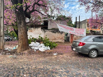 Montones de basura apilados en una calle de Asunción, con un árbol de flores rosadas al fondo y un letrero de prohibido arrojar basura.