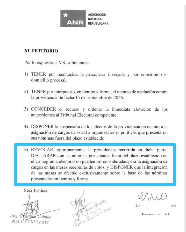 Petitorio de la ANR para que el PLRA no tenga miembros de mesa en Capiatá.
