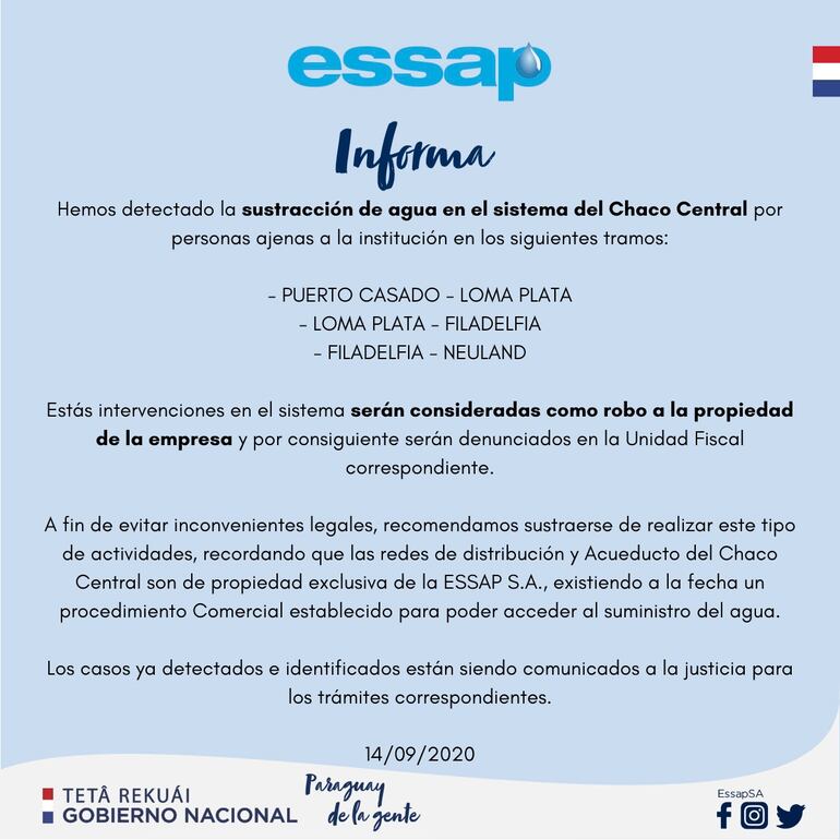Comunicado de Essap sobre la sustracción de agua del acueducto en el Chaco