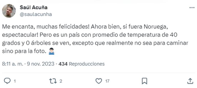 Respuesta de Saúl Acuña al tweet del MOPC.