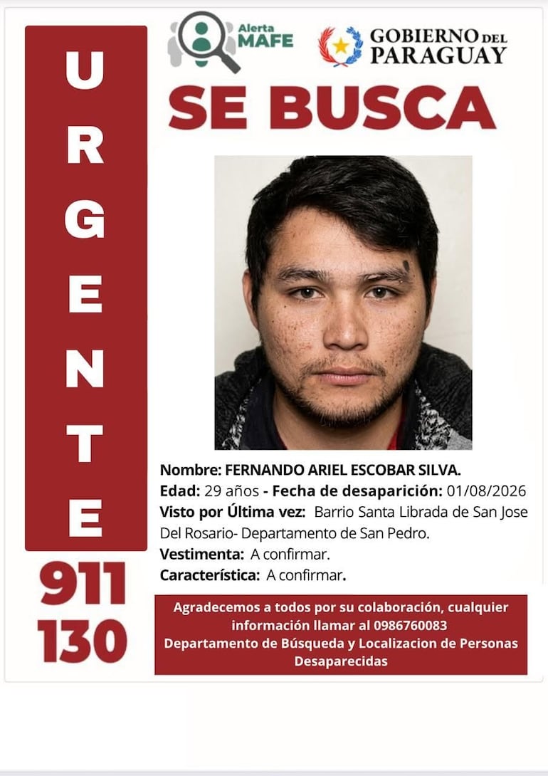 Afiche difundido por las autoridades sobre la desaparición de Fernando Ariel Escobar Silva