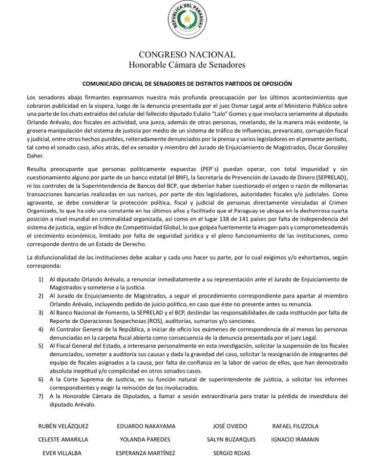 Comunicado de Senadores opositores.