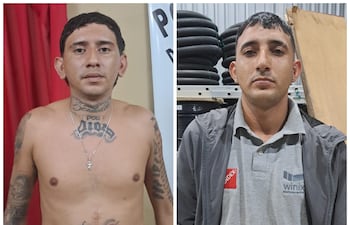 Alex David Mongelos Mendoza (sin remera) y Brayan Leonardo Gutiérrez Cáceres (con campera), detenidos por estafa en Asunción.