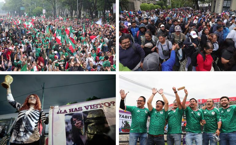 Combo de fotografías de archivo que muestran a aficionados de México celebrando el récord Guinness de la ola mas grande (arriba-i), maestros de la Coordinadora Nacional de Trabajadores de la Educación en manifestación (arriba-d), una mujer protesta por personas desaparecidas (abajo-i), y aficionados de México presentes en el estadio Ciudad de México. 