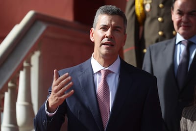 El presidente de Paraguay, Santiago Peña, luego de una reunión mantenida con la presidenta encargada de Venezuela, Delcy Rodríguez, en el Palacio de Miraflores. EFE/ Miguel Gutiérrez